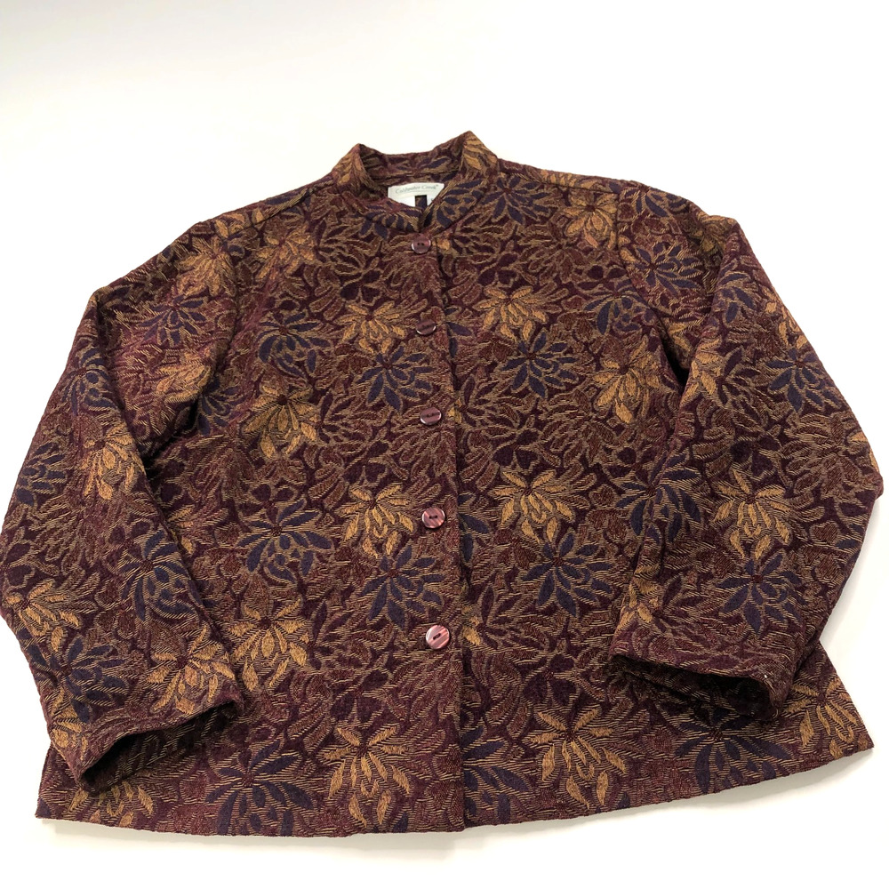 Coldwater Creek PL Petite LG Embossed Brocade Button Jacket All Over Print Brown